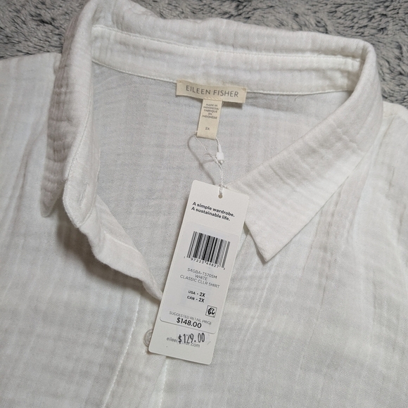 NEW Eileen Fisher White Collar Shirt Organic Cotton Lofty Gauze Classic XXL 2XL - Picture 6 of 11